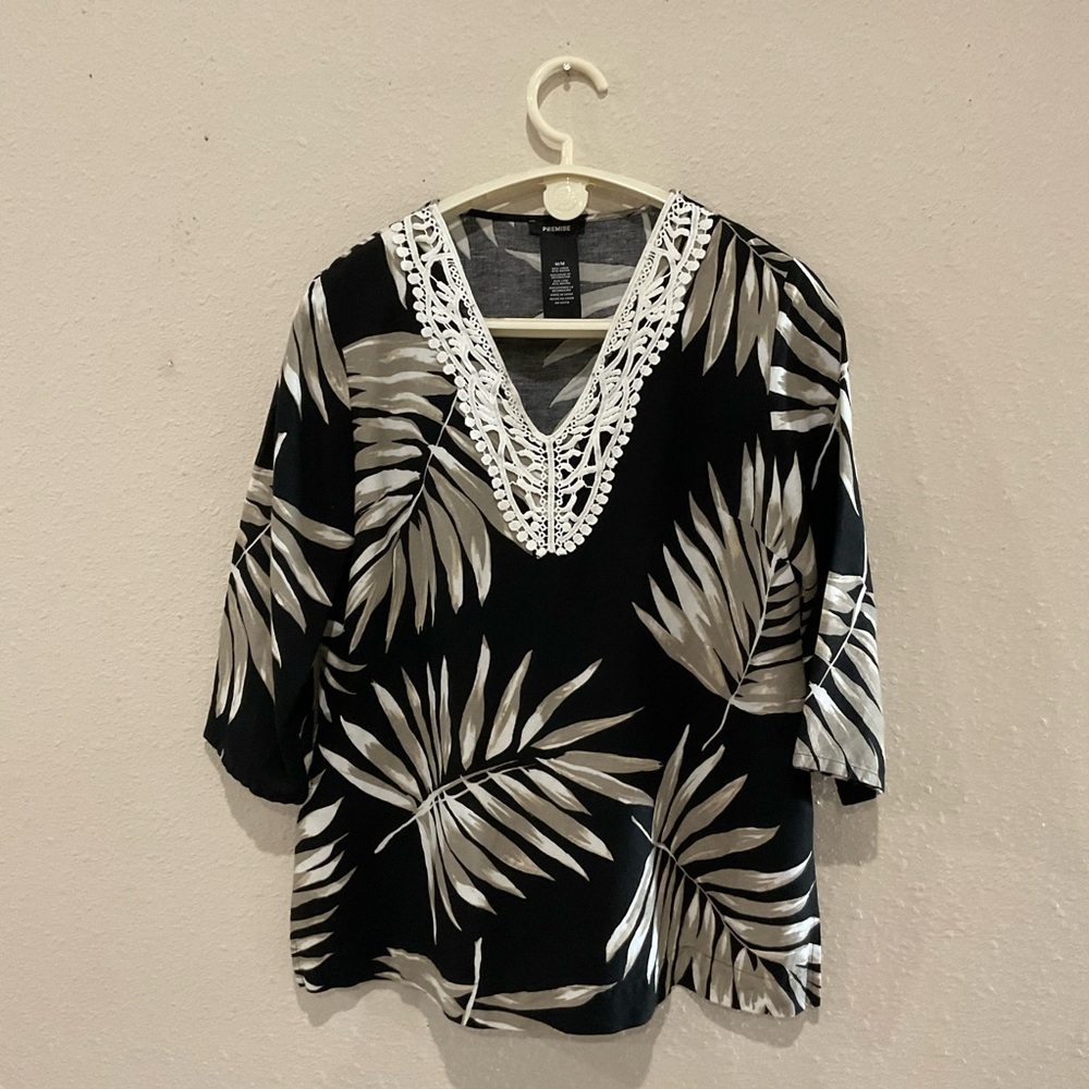 Premise Linen Blend Tunic Black/Tan Lace Palm Leaves V-neck Boho Women’s Medium